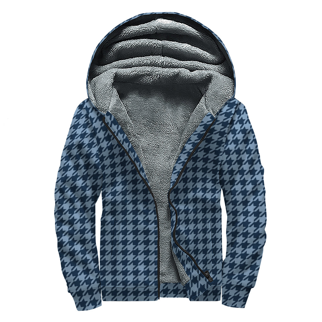 Deep Blue Houndstooth Pattern Print Sherpa Lined Zip Up Hoodie
