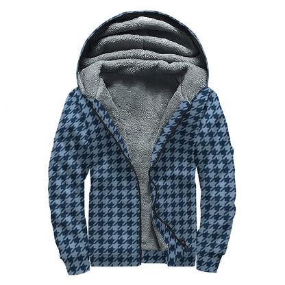 Deep Blue Houndstooth Pattern Print Sherpa Lined Zip Up Hoodie