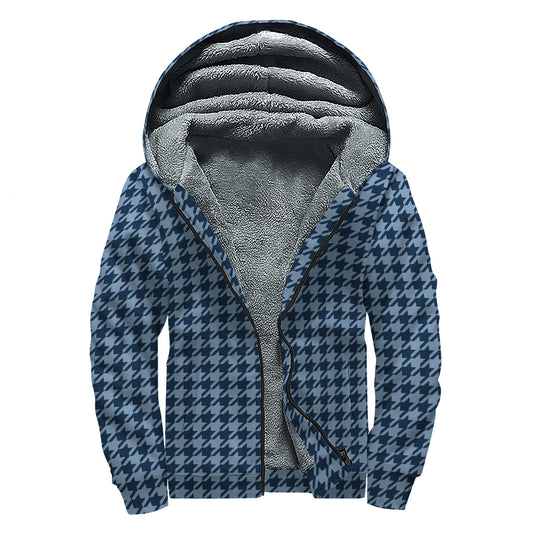 Deep Blue Houndstooth Pattern Print Sherpa Lined Zip Up Hoodie