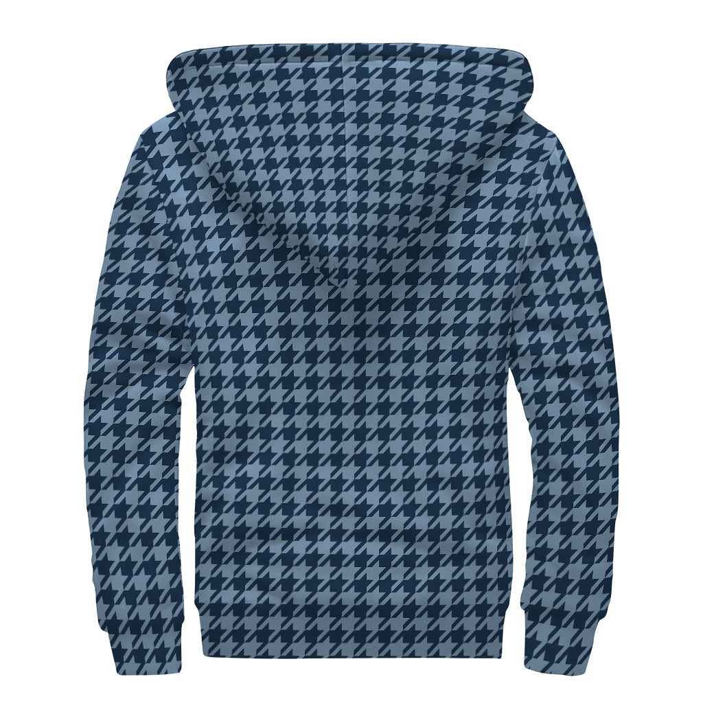 Deep Blue Houndstooth Pattern Print Sherpa Lined Zip Up Hoodie