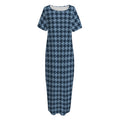 Deep Blue Houndstooth Pattern Print Short Sleeve Long Nightdress