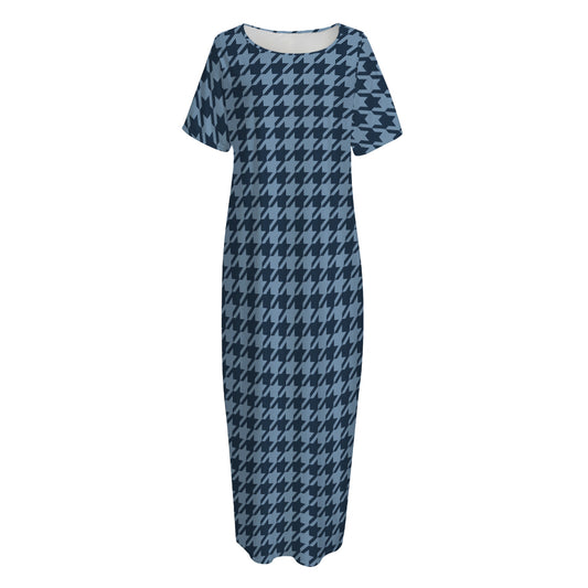 Deep Blue Houndstooth Pattern Print Short Sleeve Long Nightdress
