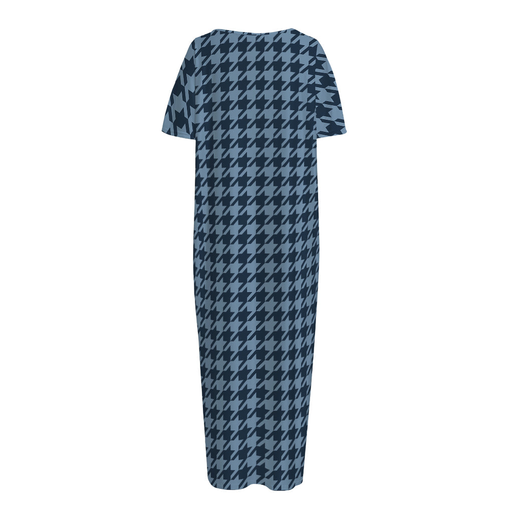 Deep Blue Houndstooth Pattern Print Short Sleeve Long Nightdress