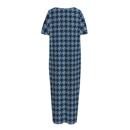 Deep Blue Houndstooth Pattern Print Short Sleeve Long Nightdress