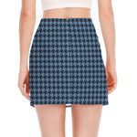 Deep Blue Houndstooth Pattern Print Side Slit Mini Skirt
