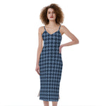 Deep Blue Houndstooth Pattern Print Slim Fit Midi Cami Dress