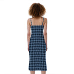 Deep Blue Houndstooth Pattern Print Slim Fit Midi Cami Dress