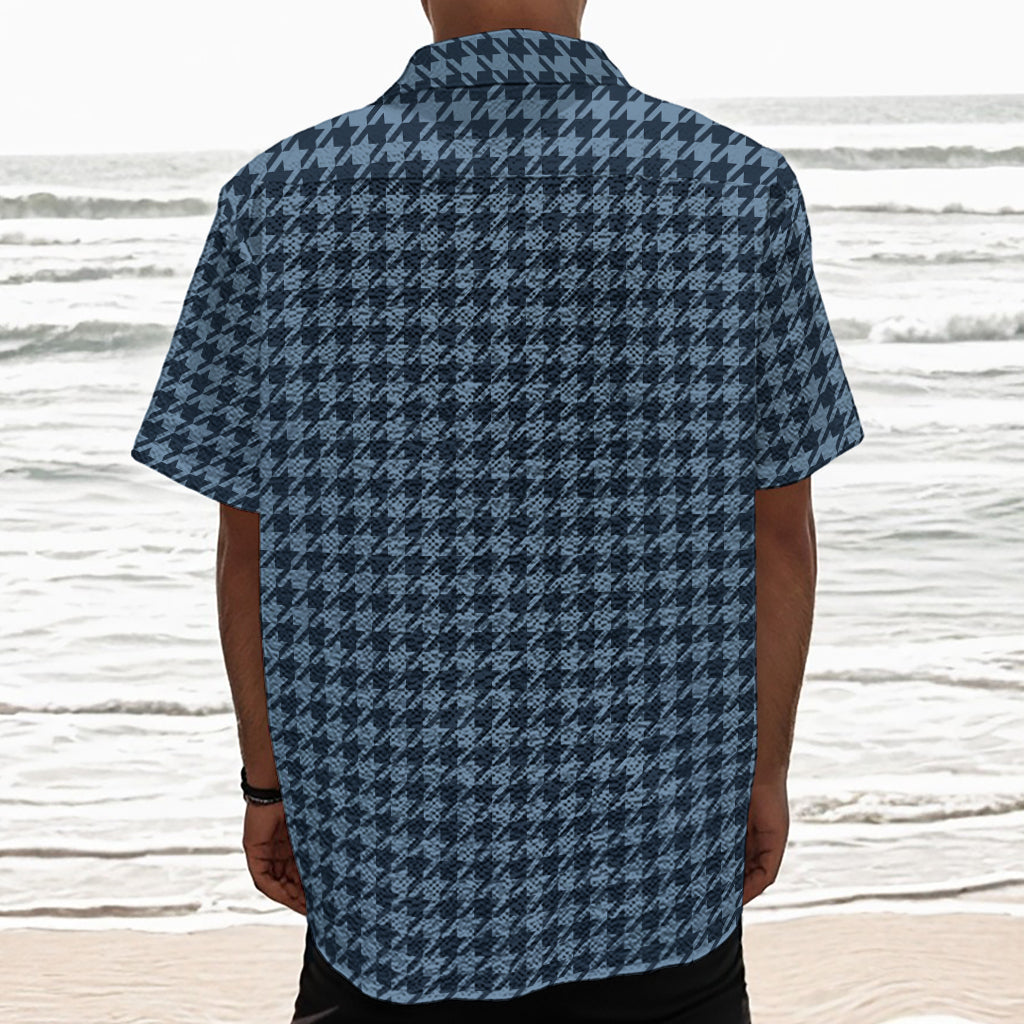 Deep Blue Houndstooth Pattern Print Textured Short Sleeve Shirt