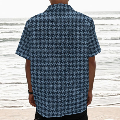 Deep Blue Houndstooth Pattern Print Textured Short Sleeve Shirt