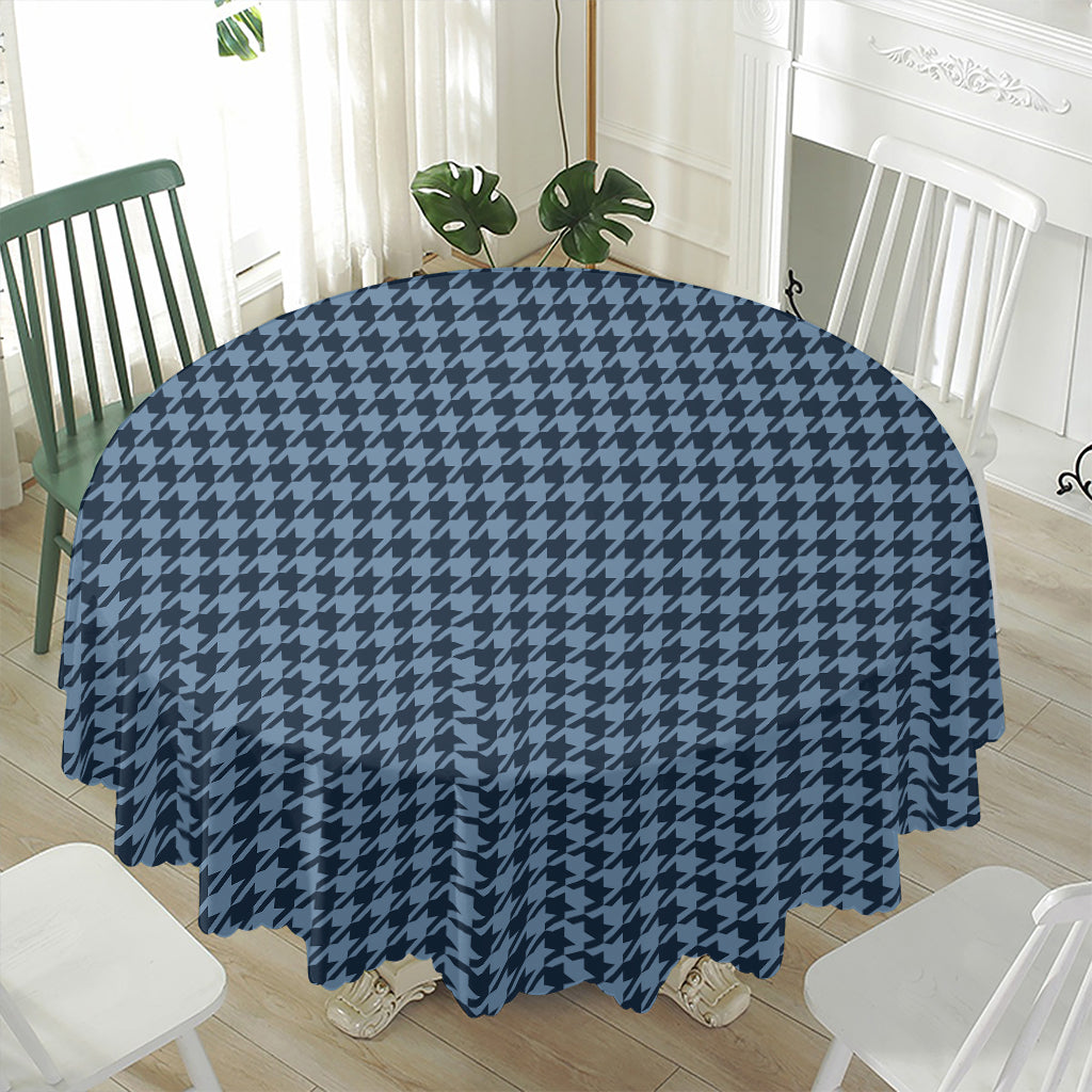 Deep Blue Houndstooth Pattern Print Waterproof Round Tablecloth