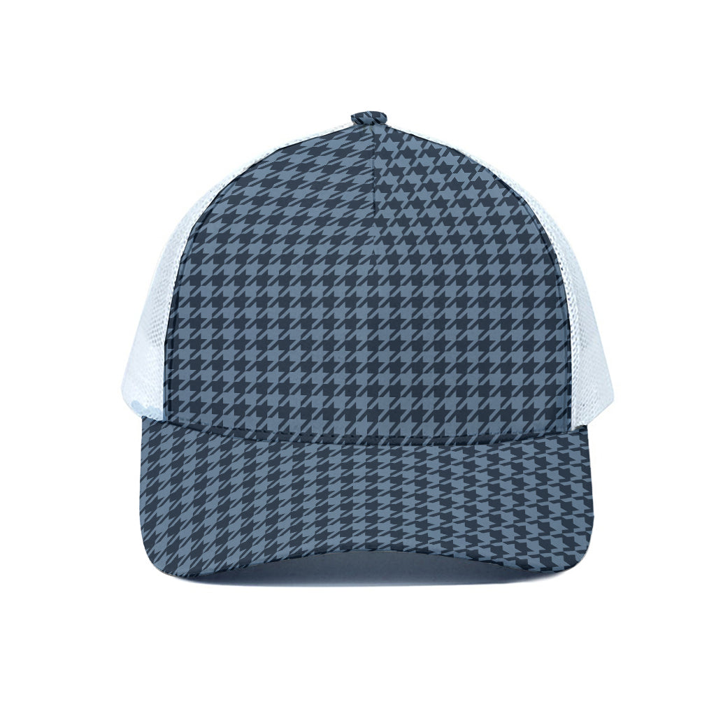 Deep Blue Houndstooth Pattern Print White Mesh Trucker Cap