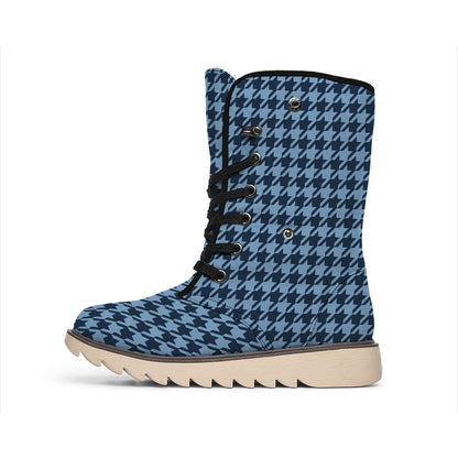 Deep Blue Houndstooth Pattern Print Winter Boots