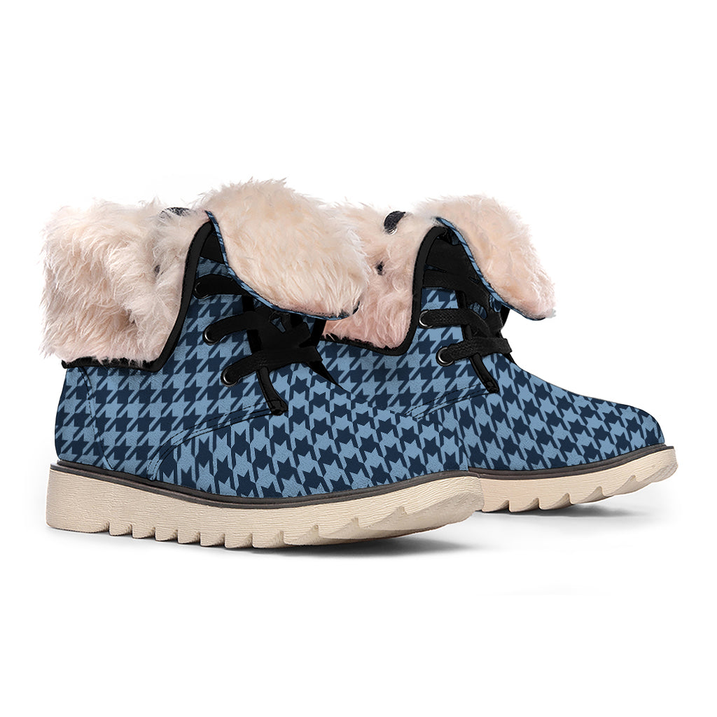 Deep Blue Houndstooth Pattern Print Winter Boots