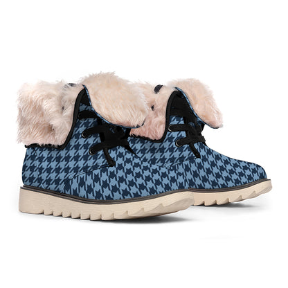 Deep Blue Houndstooth Pattern Print Winter Boots