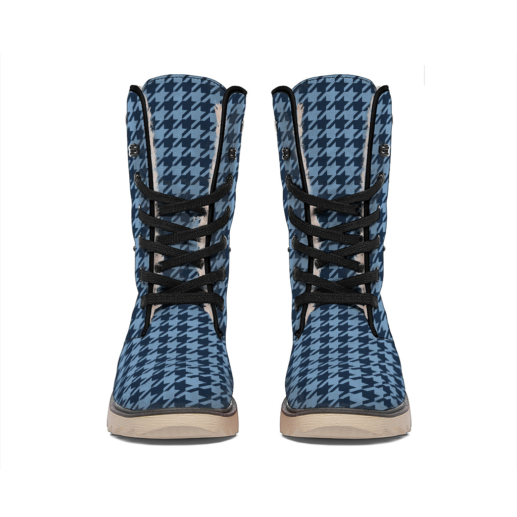 Deep Blue Houndstooth Pattern Print Winter Boots