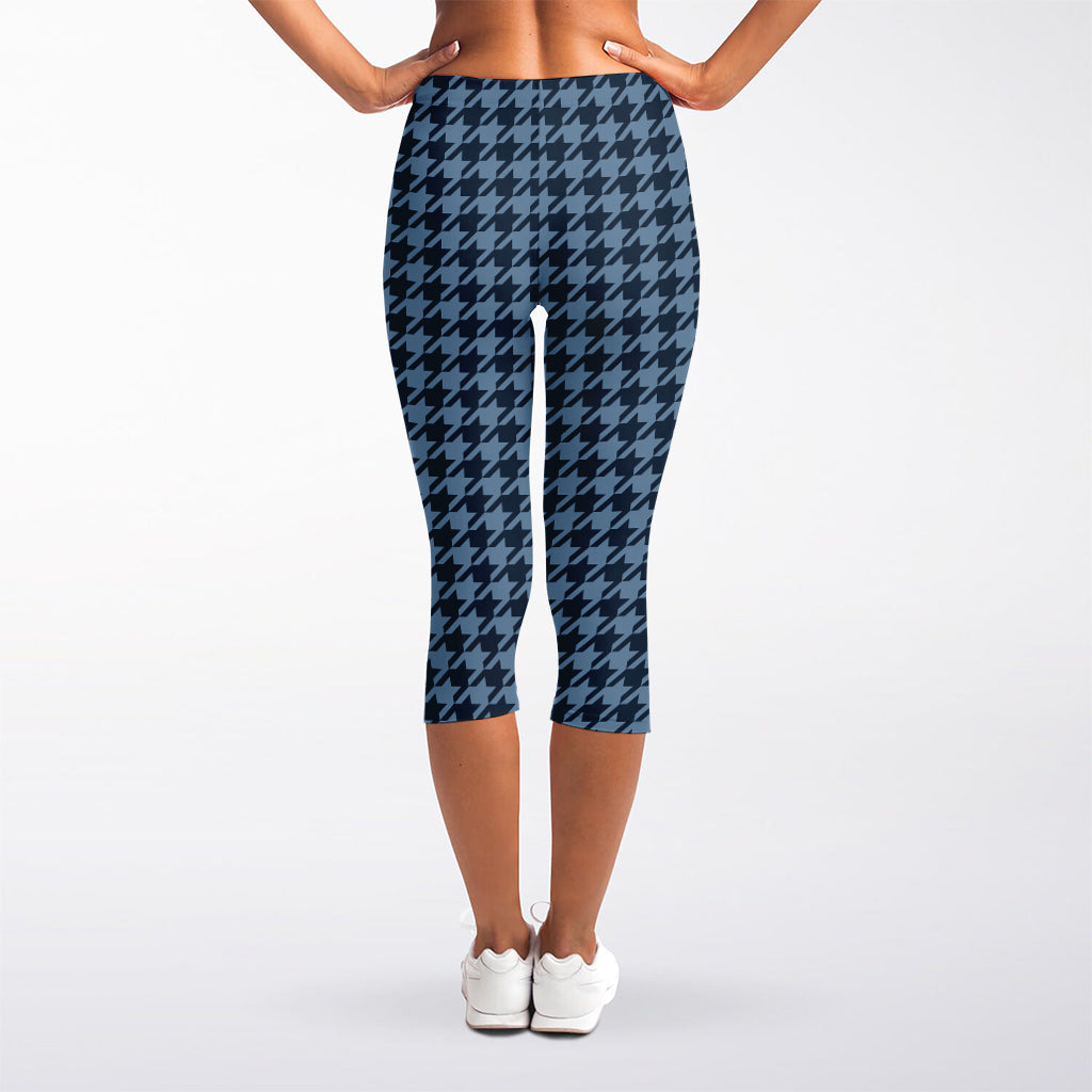 Deep Blue Houndstooth Pattern Print Women's Capri Leggings