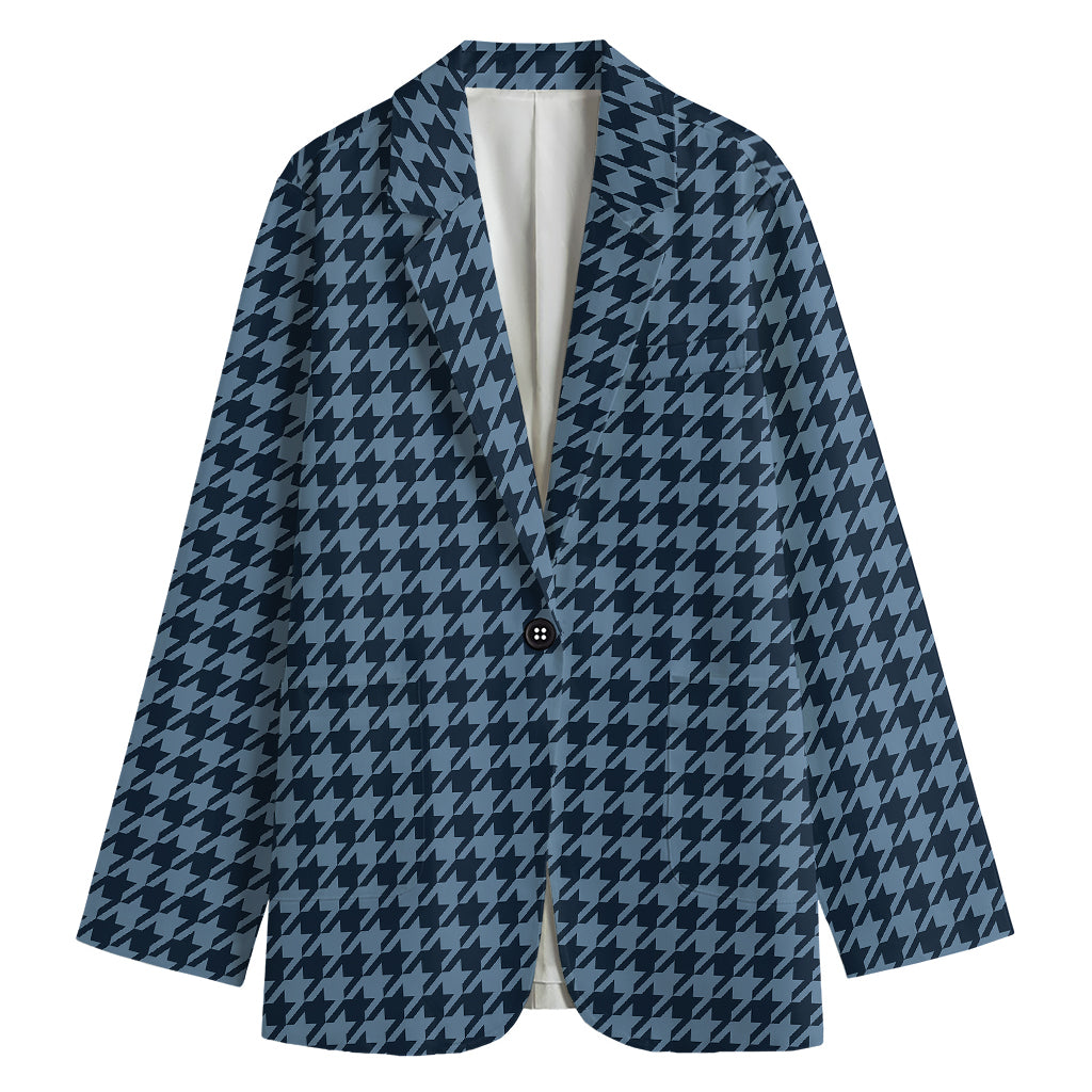 Deep Blue Houndstooth Pattern Print Women's Cotton Blazer