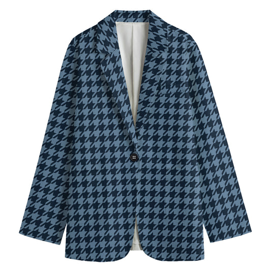 Deep Blue Houndstooth Pattern Print Women's Cotton Blazer