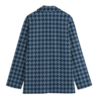 Deep Blue Houndstooth Pattern Print Women's Cotton Blazer
