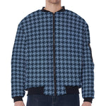 Deep Blue Houndstooth Pattern Print Zip Sleeve Bomber Jacket