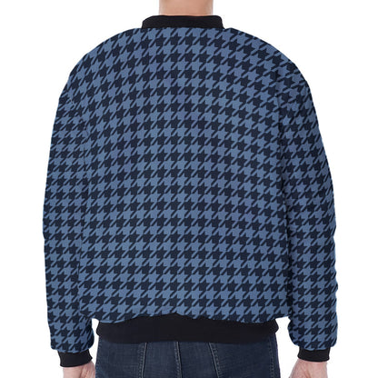 Deep Blue Houndstooth Pattern Print Zip Sleeve Bomber Jacket