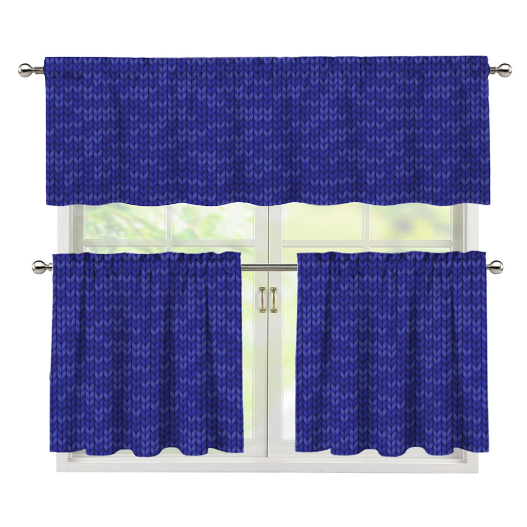 Deep Blue Knitted Pattern Print 3 Piece Kitchen Curtains