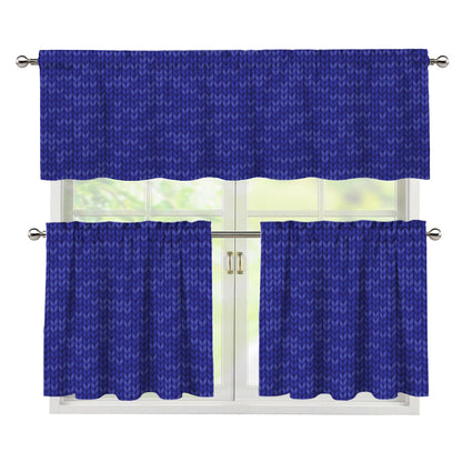 Deep Blue Knitted Pattern Print 3 Piece Kitchen Curtains