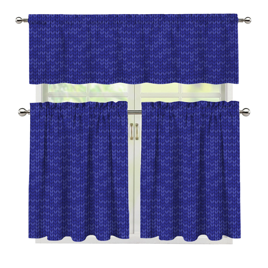 Deep Blue Knitted Pattern Print 3 Piece Kitchen Curtains