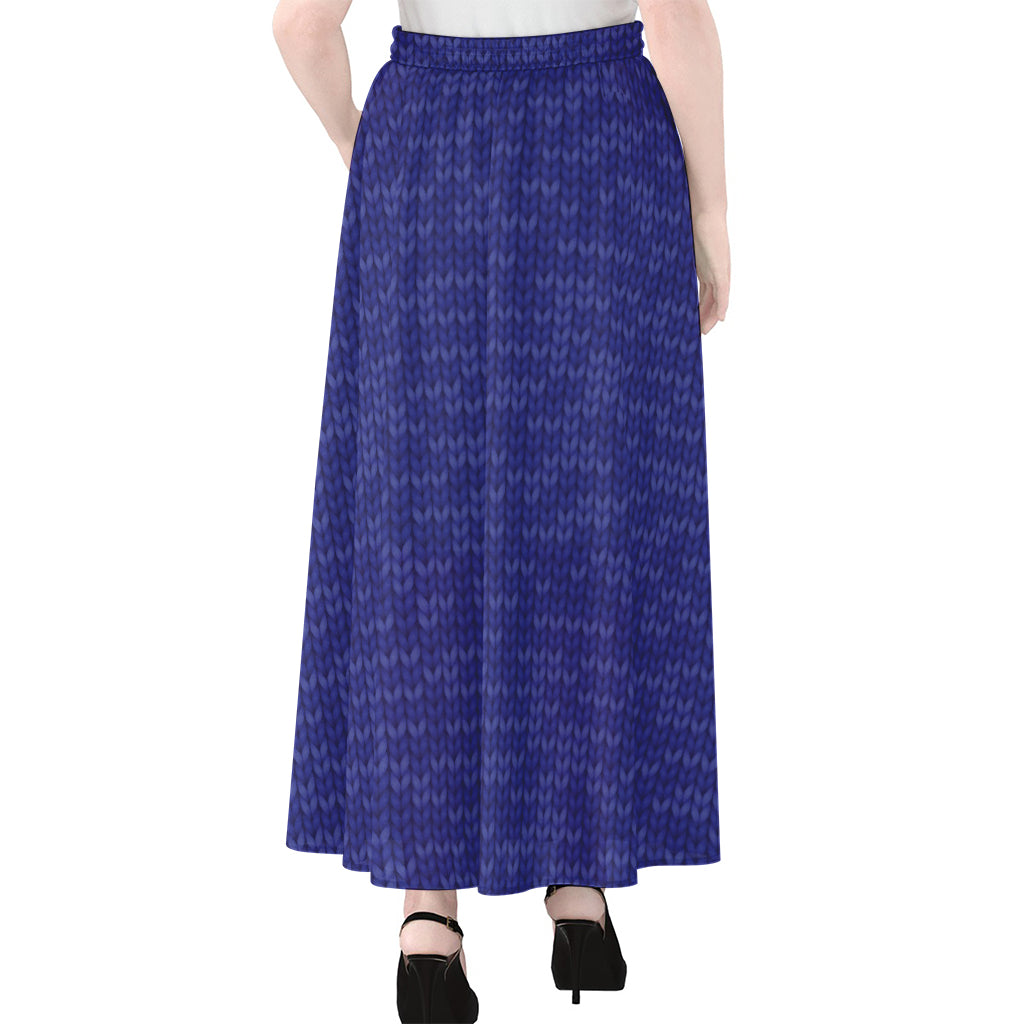 Deep Blue Knitted Pattern Print Chiffon Maxi Skirt