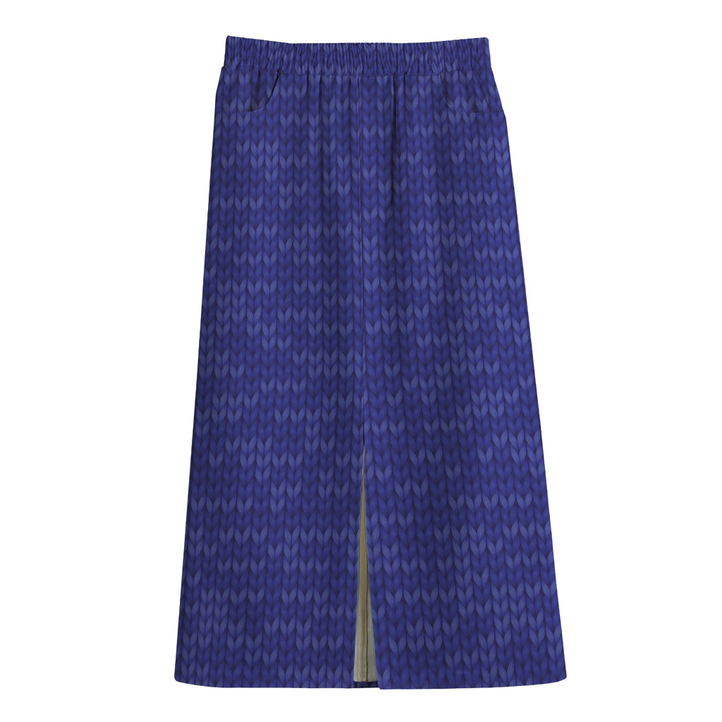Deep Blue Knitted Pattern Print Cotton Front Slit Maxi Skirt
