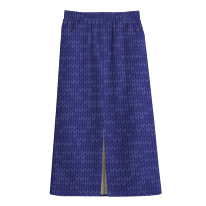 Deep Blue Knitted Pattern Print Cotton Front Slit Maxi Skirt