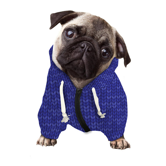 Deep Blue Knitted Pattern Print Dog Zip Up Hoodie