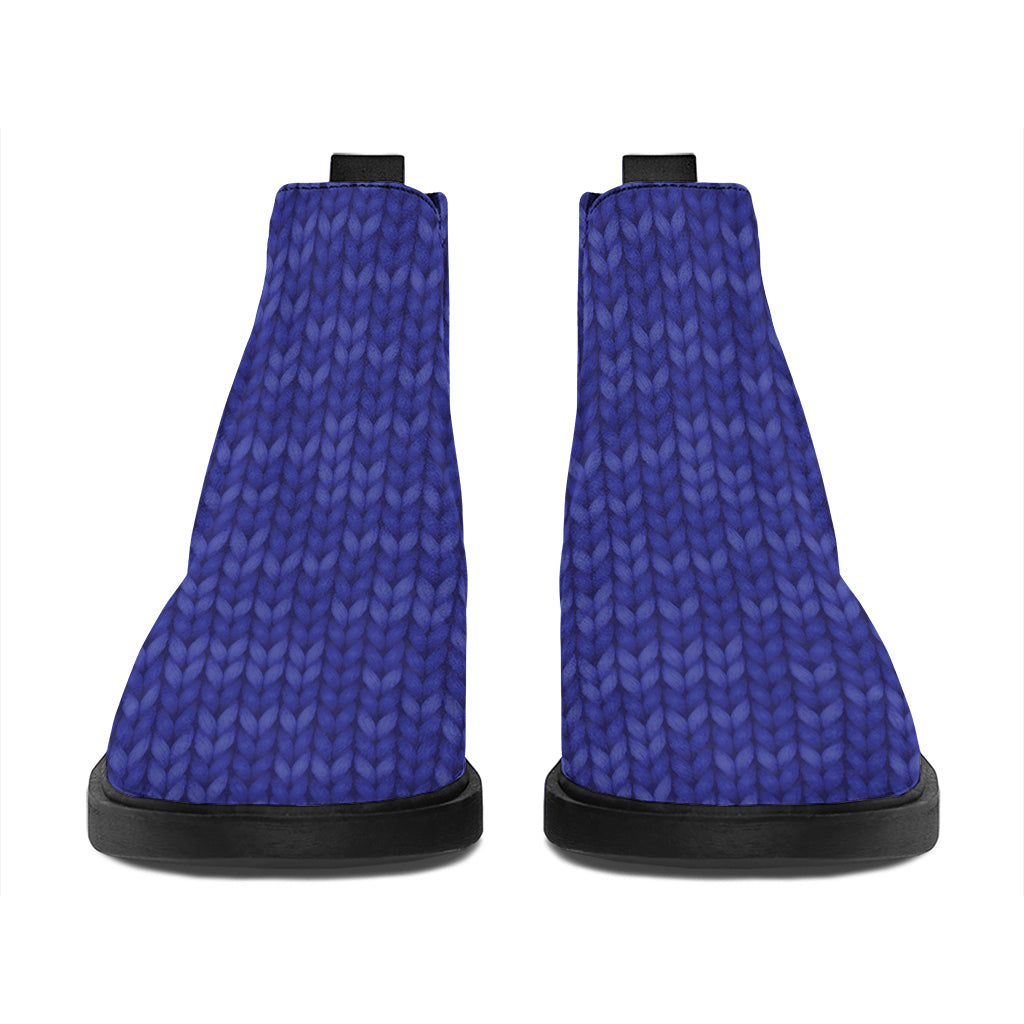 Deep Blue Knitted Pattern Print Flat Ankle Boots