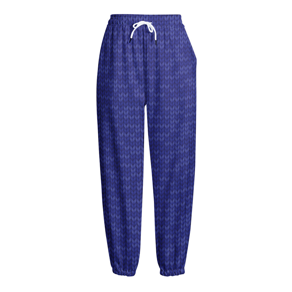 Deep Blue Knitted Pattern Print Fleece Lined Knit Pants