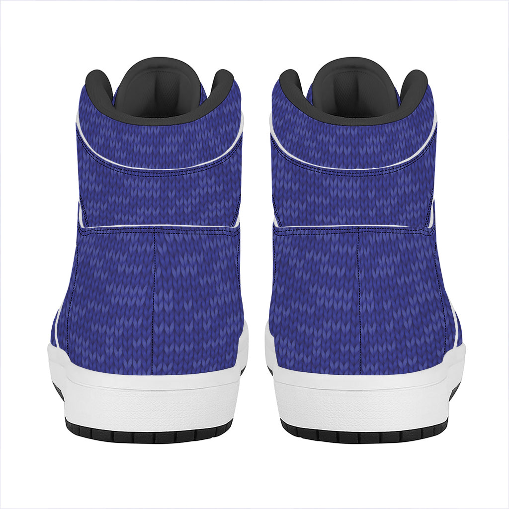 Deep Blue Knitted Pattern Print High Top Leather Sneakers