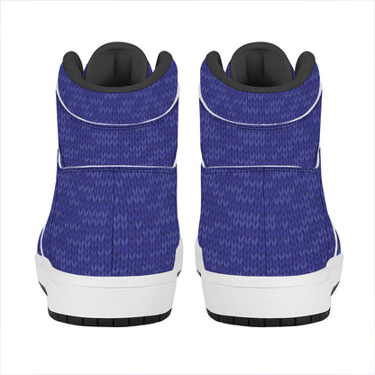 Deep Blue Knitted Pattern Print High Top Leather Sneakers