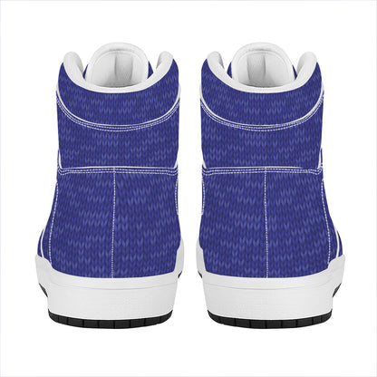 Deep Blue Knitted Pattern Print High Top Leather Sneakers