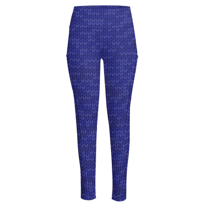 Deep Blue Knitted Pattern Print High-Waisted Pocket Leggings