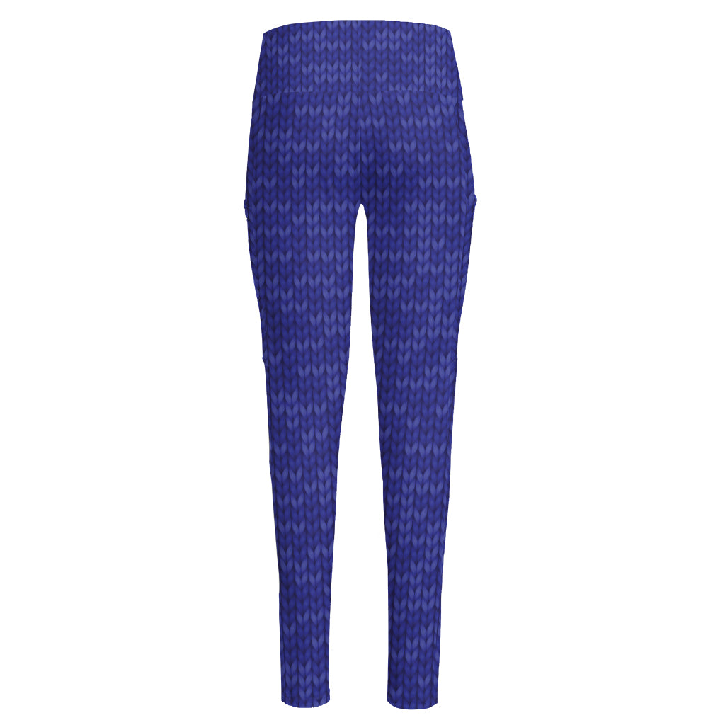 Deep Blue Knitted Pattern Print High-Waisted Pocket Leggings