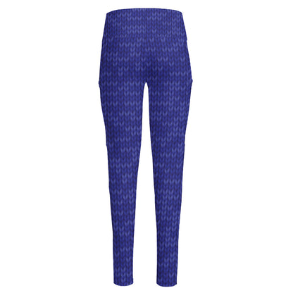 Deep Blue Knitted Pattern Print High-Waisted Pocket Leggings