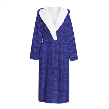 Deep Blue Knitted Pattern Print Hooded Bathrobe