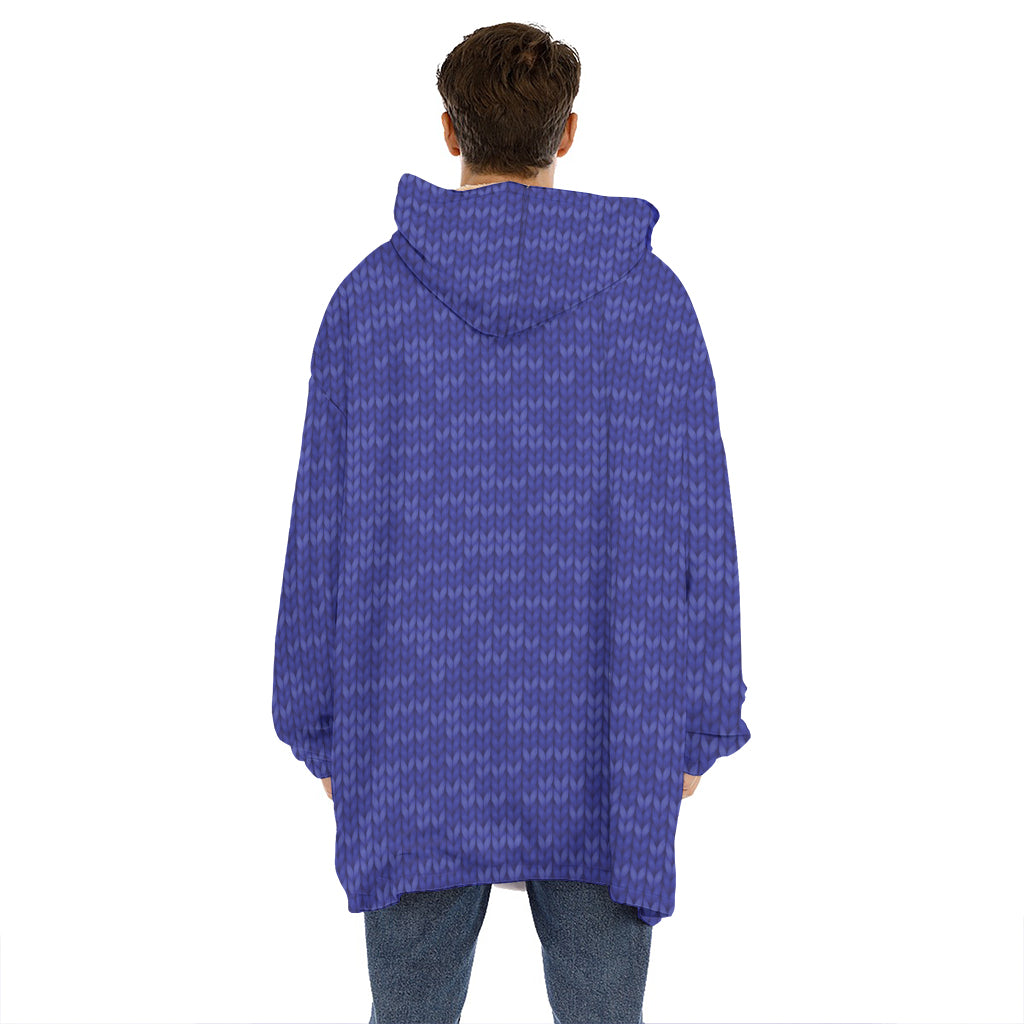 Deep Blue Knitted Pattern Print Hoodie Blanket