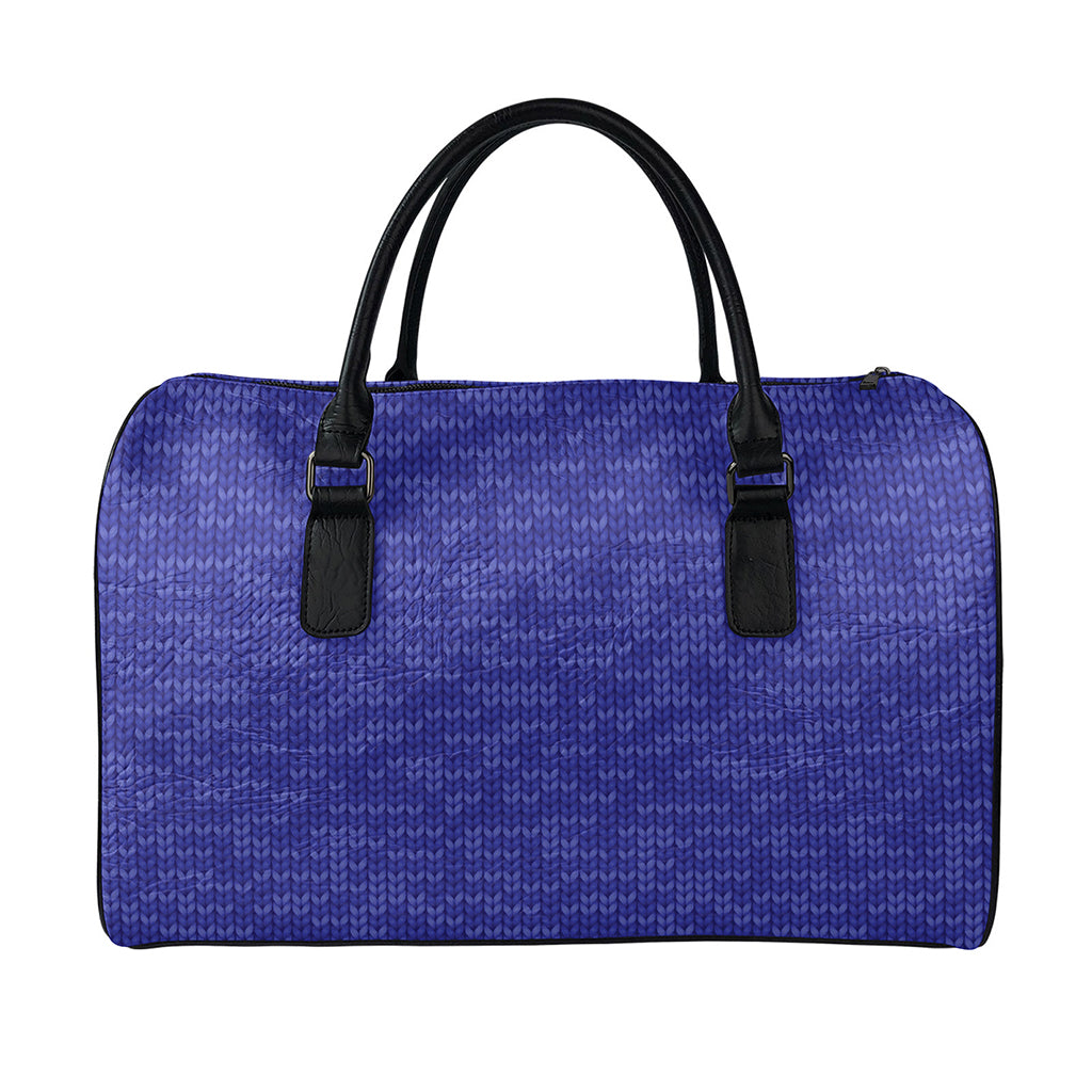 Deep Blue Knitted Pattern Print Leather Duffle Bag