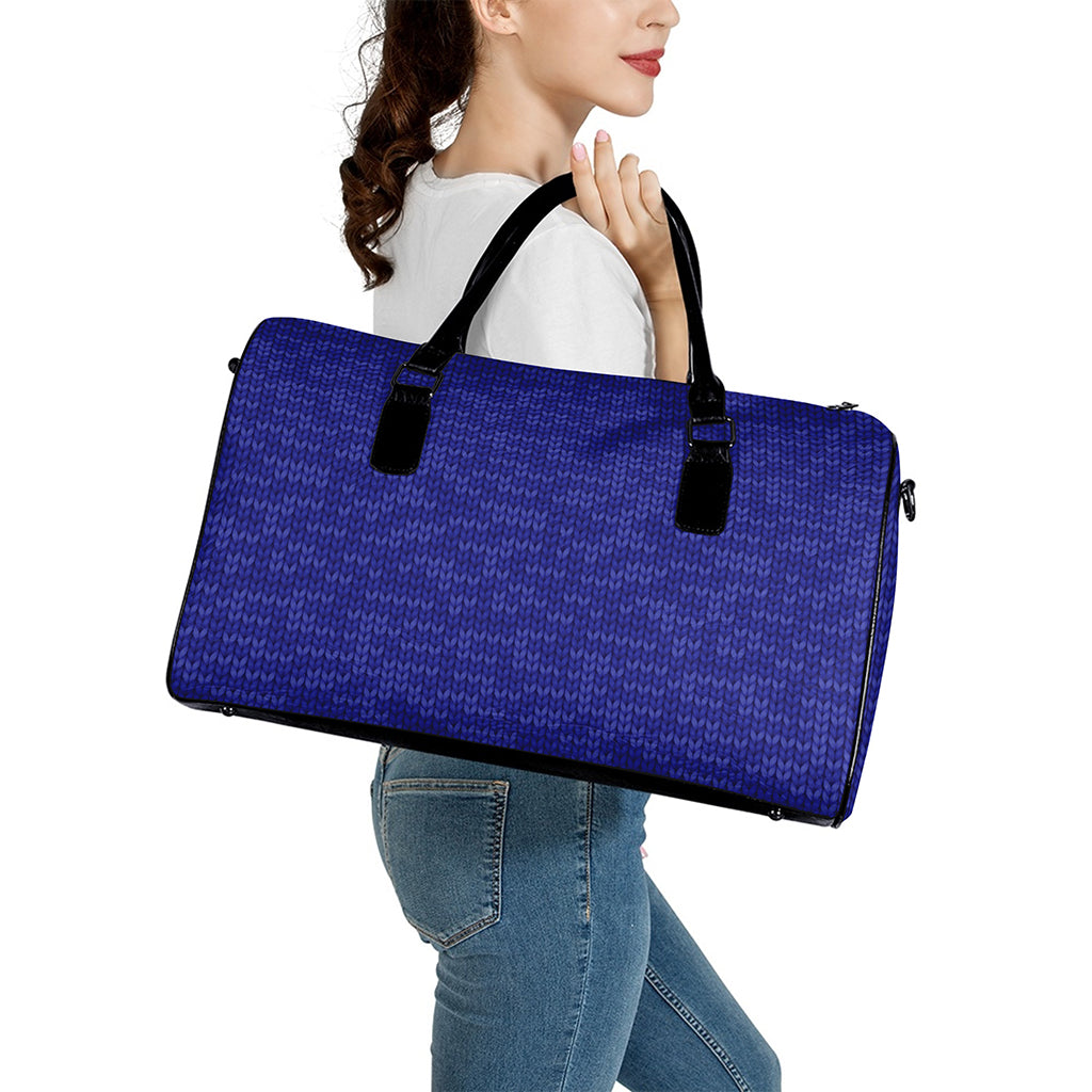 Deep Blue Knitted Pattern Print Leather Duffle Bag