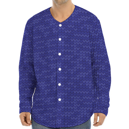 Deep Blue Knitted Pattern Print Long Sleeve Baseball Jersey