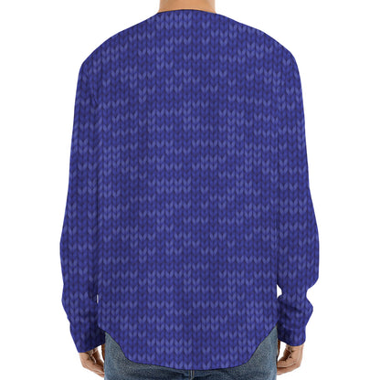 Deep Blue Knitted Pattern Print Long Sleeve Baseball Jersey