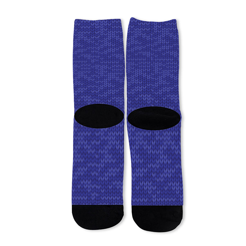 Deep Blue Knitted Pattern Print Long Socks