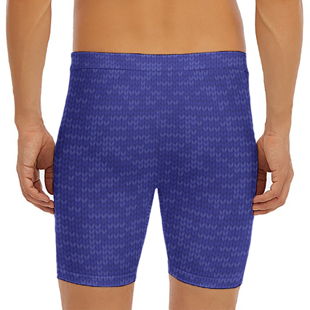 Deep Blue Knitted Pattern Print Men's Long Boxer Briefs