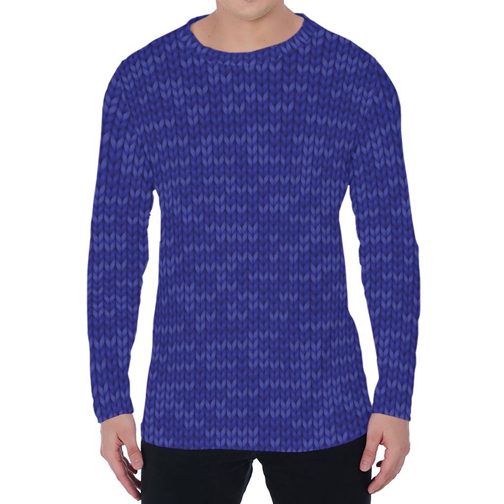 Deep Blue Knitted Pattern Print Men's Long Sleeve T-Shirt