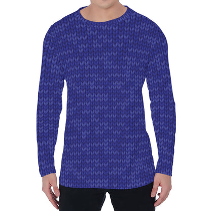 Deep Blue Knitted Pattern Print Men's Long Sleeve T-Shirt